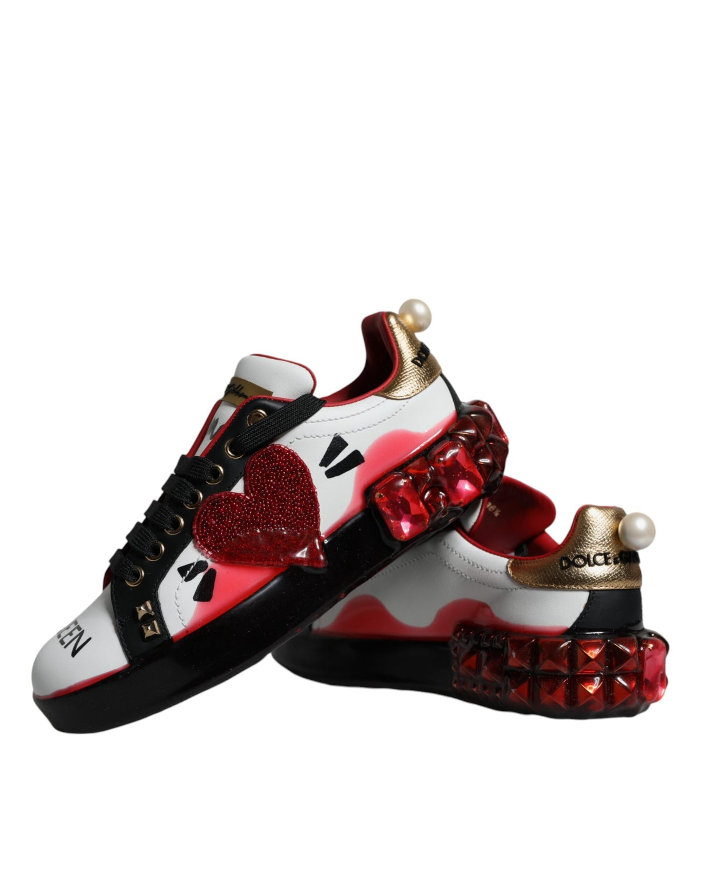 Dolce & Gabbana Weiß Rot Kristalle Leder Portofino Sneakers Schuhe