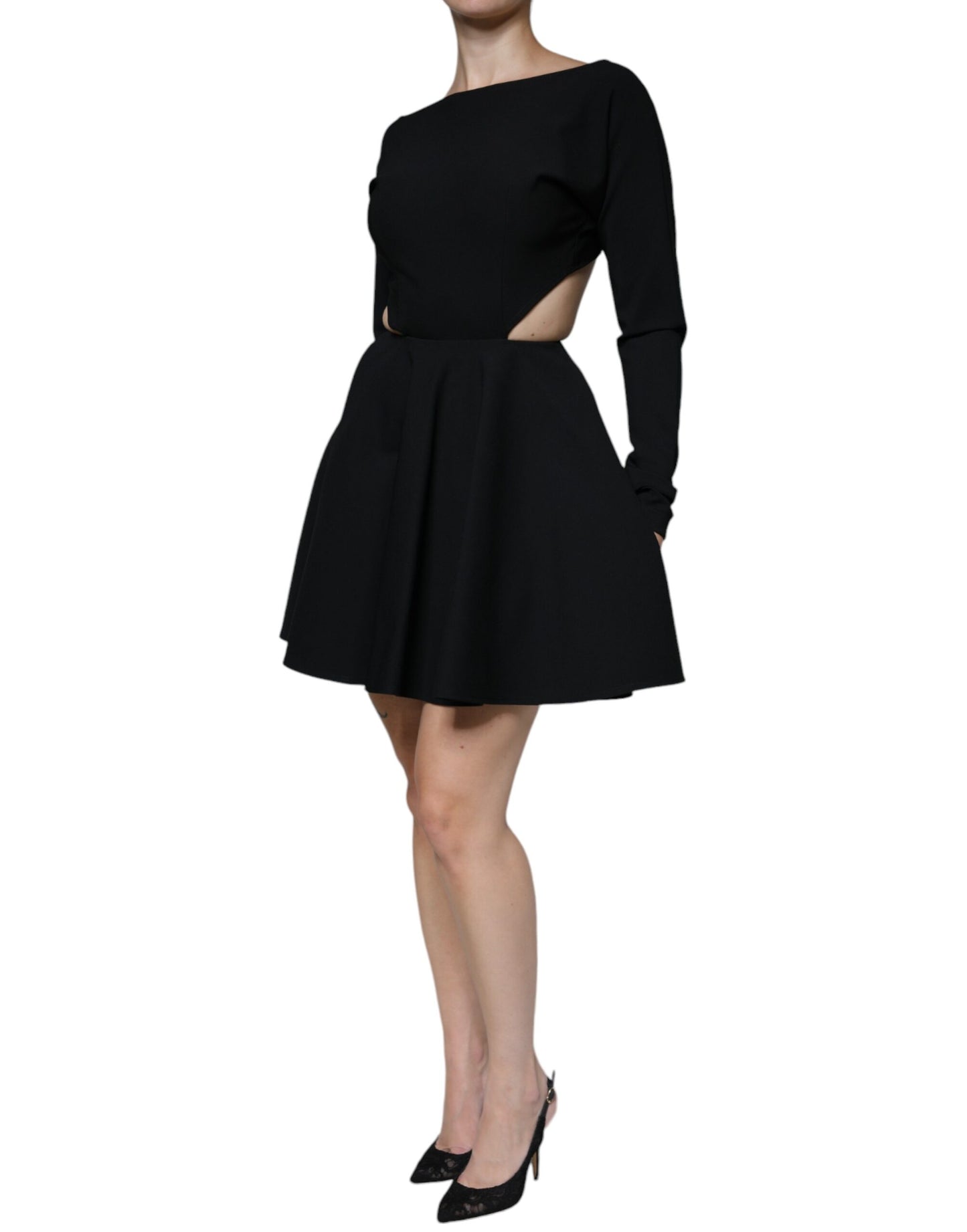 Robe courte trapèze à manches longues en viscose noire Dolce & Gabbana