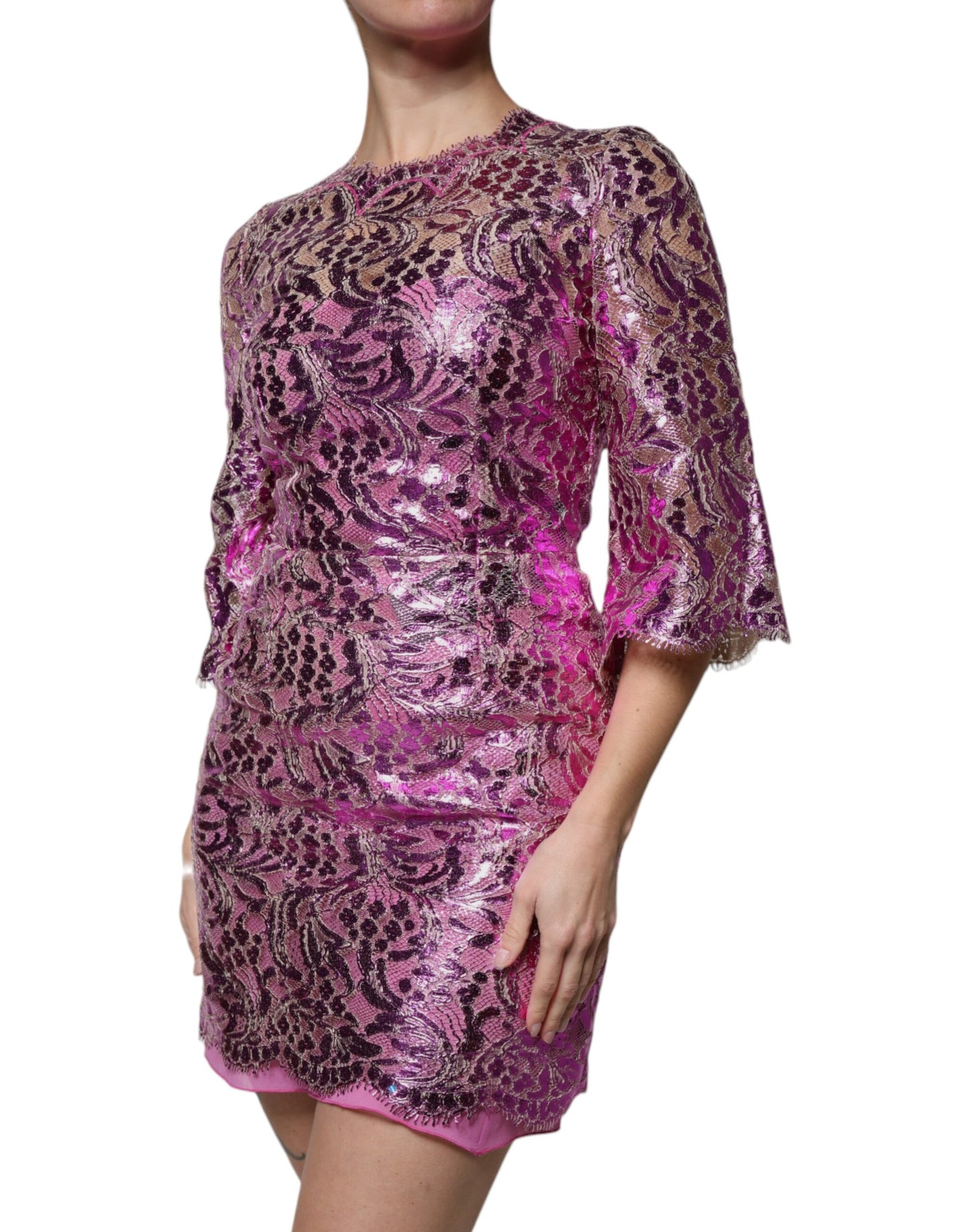 Dolce & Gabbana – Mini-Etuikleid mit Blumenmuster in Metallic-Fuchsia