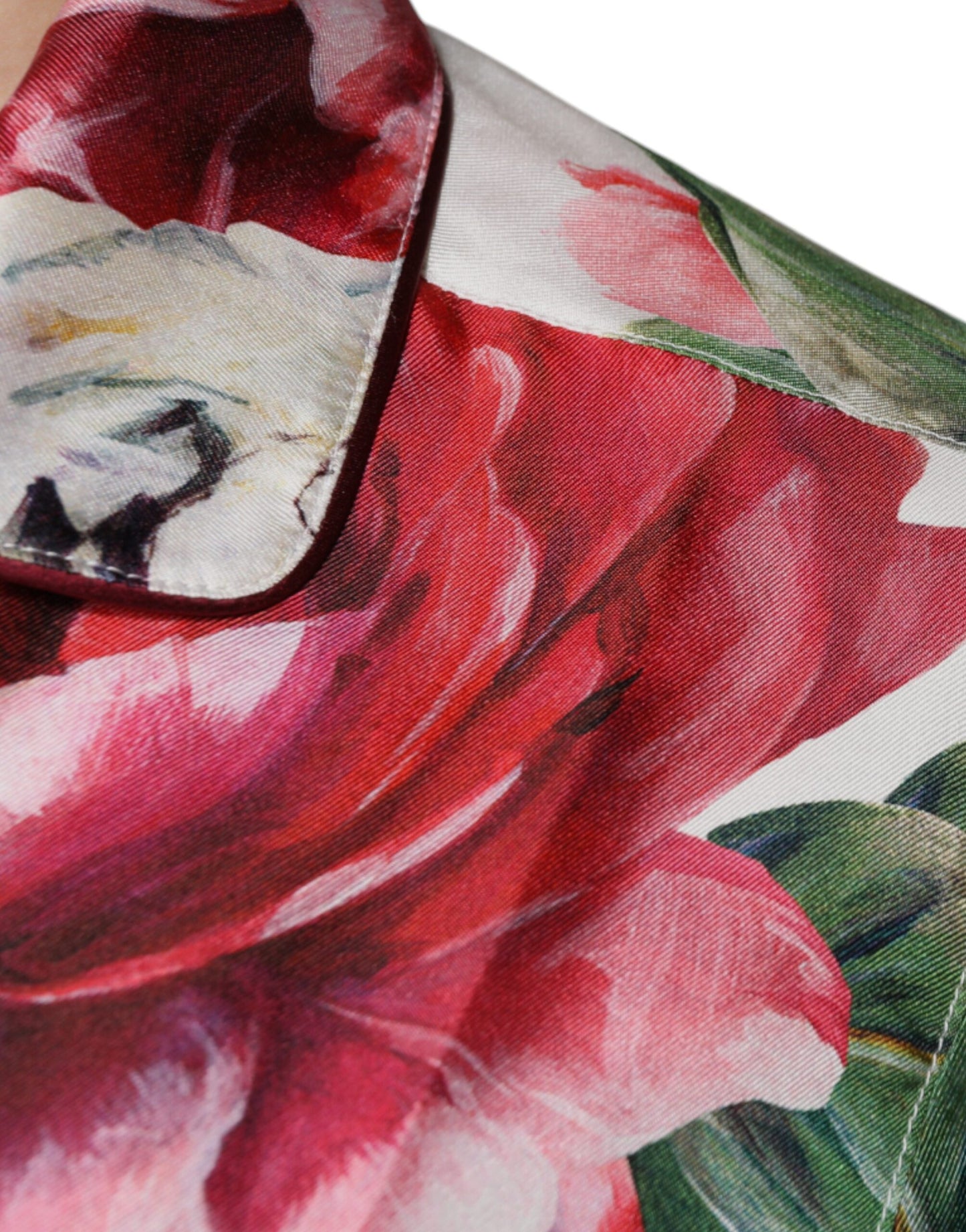 Dolce & Gabbana – Blusenoberteil aus weißer Pfingstrose-Seide mit langen Ärmeln und Kragen