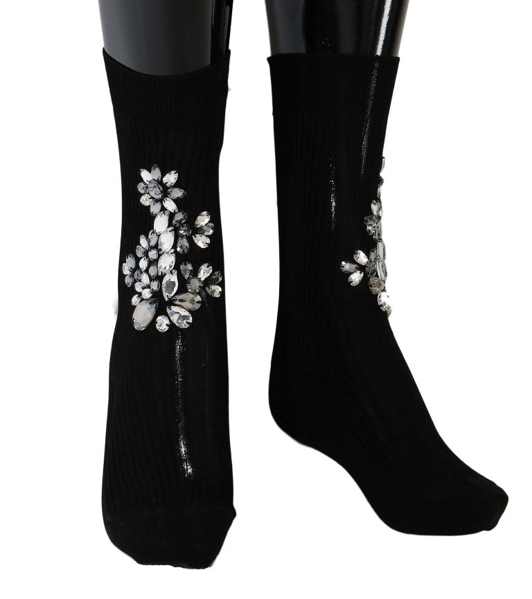 Chaussettes noires en tricot floral à cristaux transparents Dolce & Gabbana