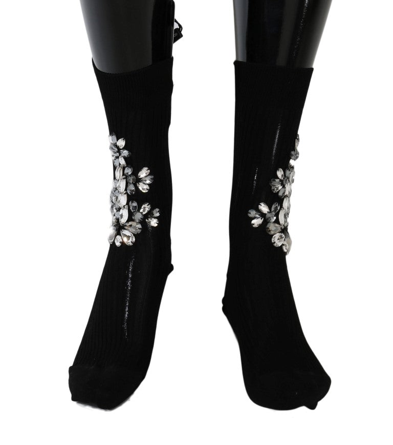 Chaussettes noires en tricot floral à cristaux transparents Dolce & Gabbana