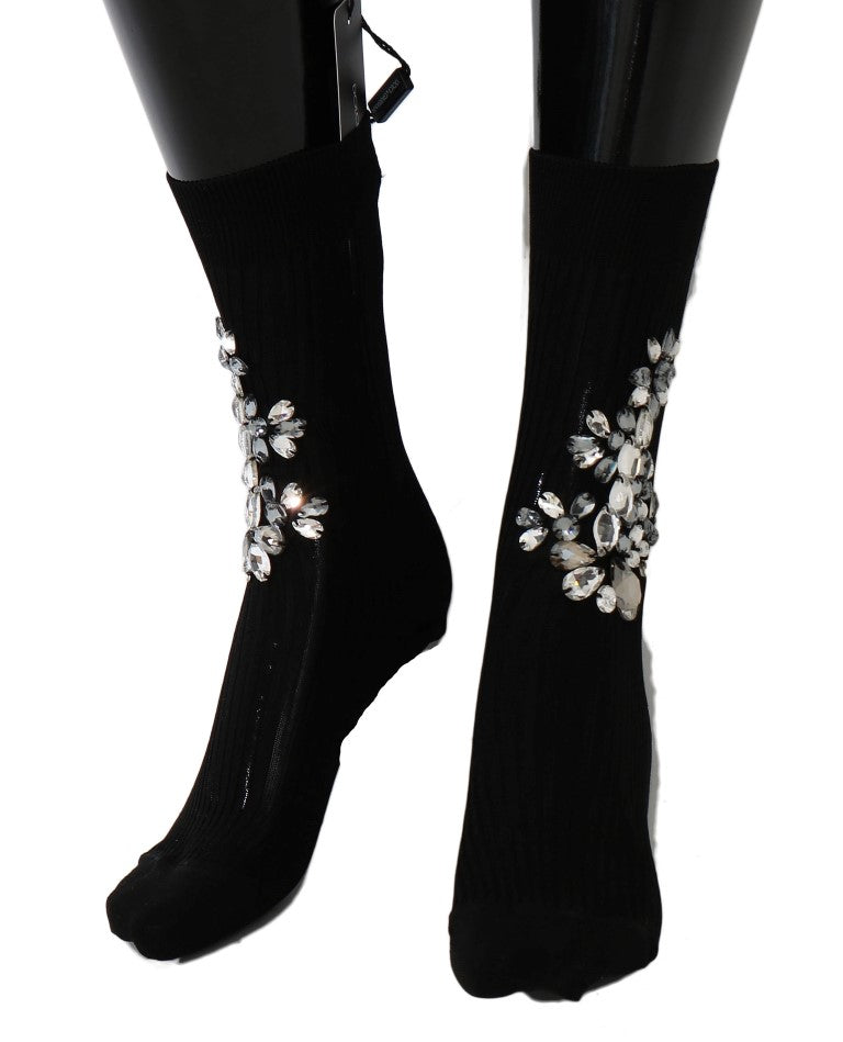 Chaussettes noires en tricot floral à cristaux transparents Dolce & Gabbana