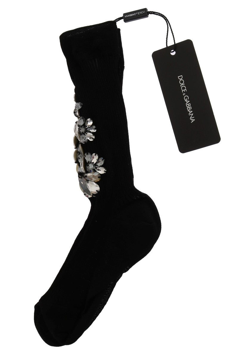 Chaussettes noires en tricot floral à cristaux transparents Dolce & Gabbana