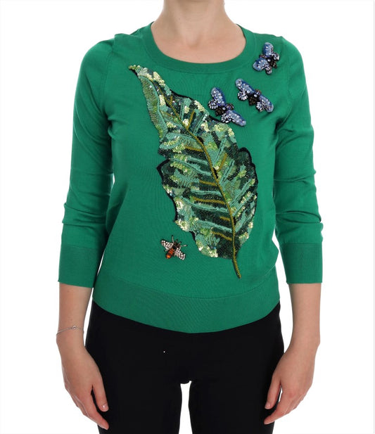 Pull banane en soie verte et cristaux Dolce & Gabbana