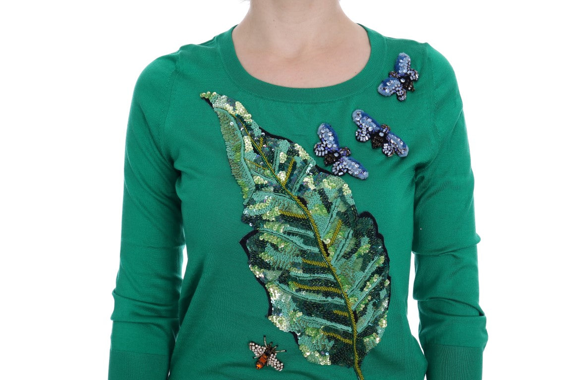Pull banane en soie verte et cristaux Dolce & Gabbana