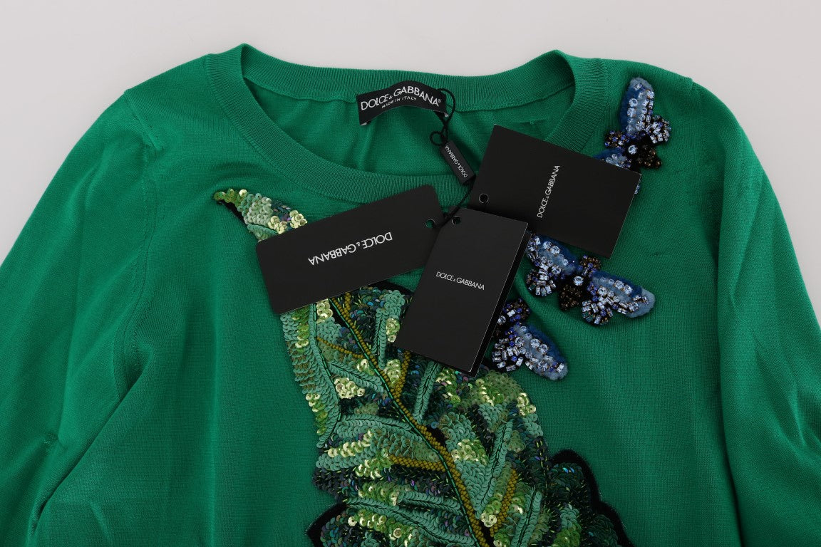Pull banane en soie verte et cristaux Dolce & Gabbana