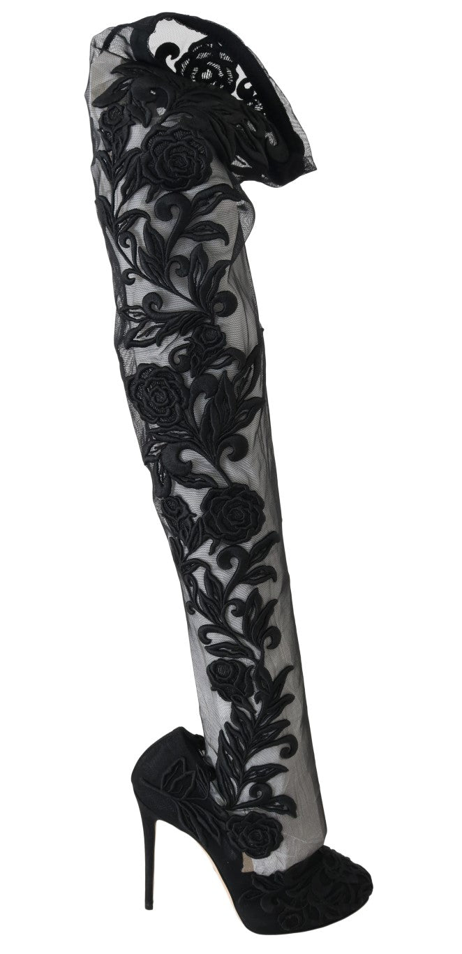 Bottes chaussettes noires brodées de fleurs Dolce & Gabbana