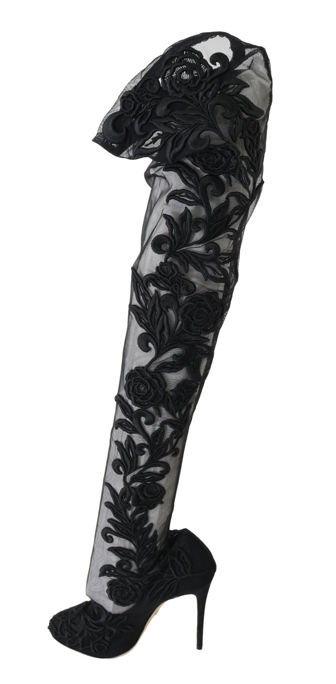 Bottes chaussettes noires brodées de fleurs Dolce & Gabbana