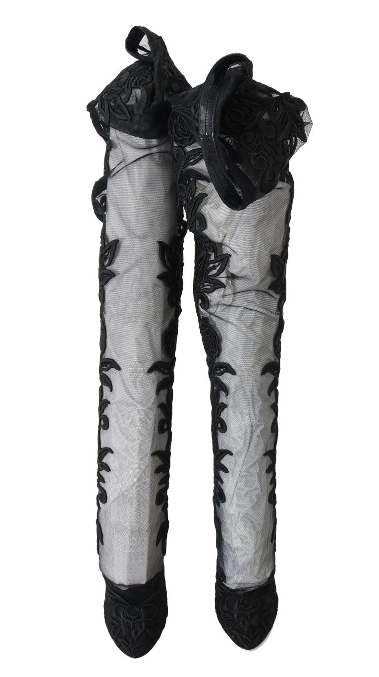 Bottes chaussettes noires brodées de fleurs Dolce & Gabbana