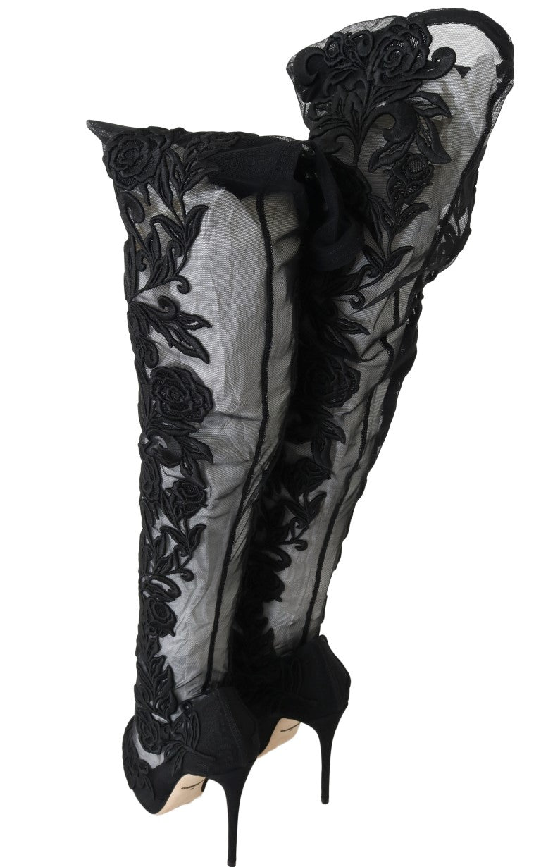Bottes chaussettes noires brodées de fleurs Dolce & Gabbana