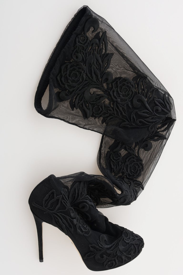 Bottes chaussettes noires brodées de fleurs Dolce & Gabbana