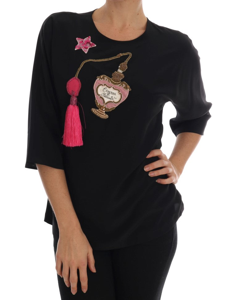 Chemisier en soie noire Dolce & Gabbana avec cristaux et haut conte de fées