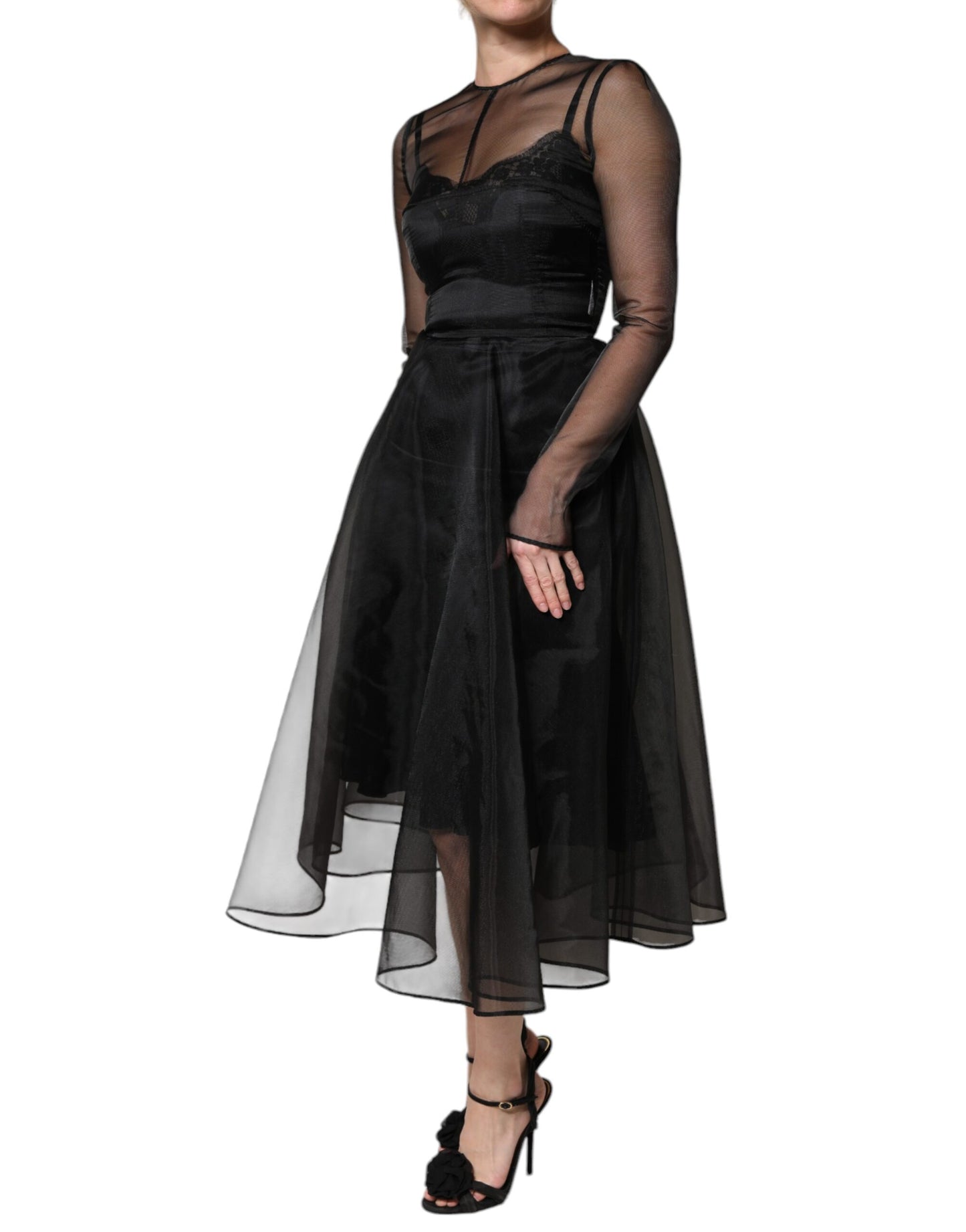 Robe de cocktail mi-longue trapèze en tulle noir Dolce & Gabbana
