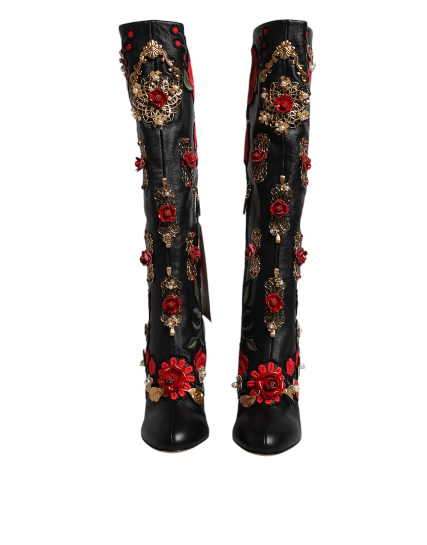 Dolce & Gabbana - Bottines à talons en cuir ornées de roses noires