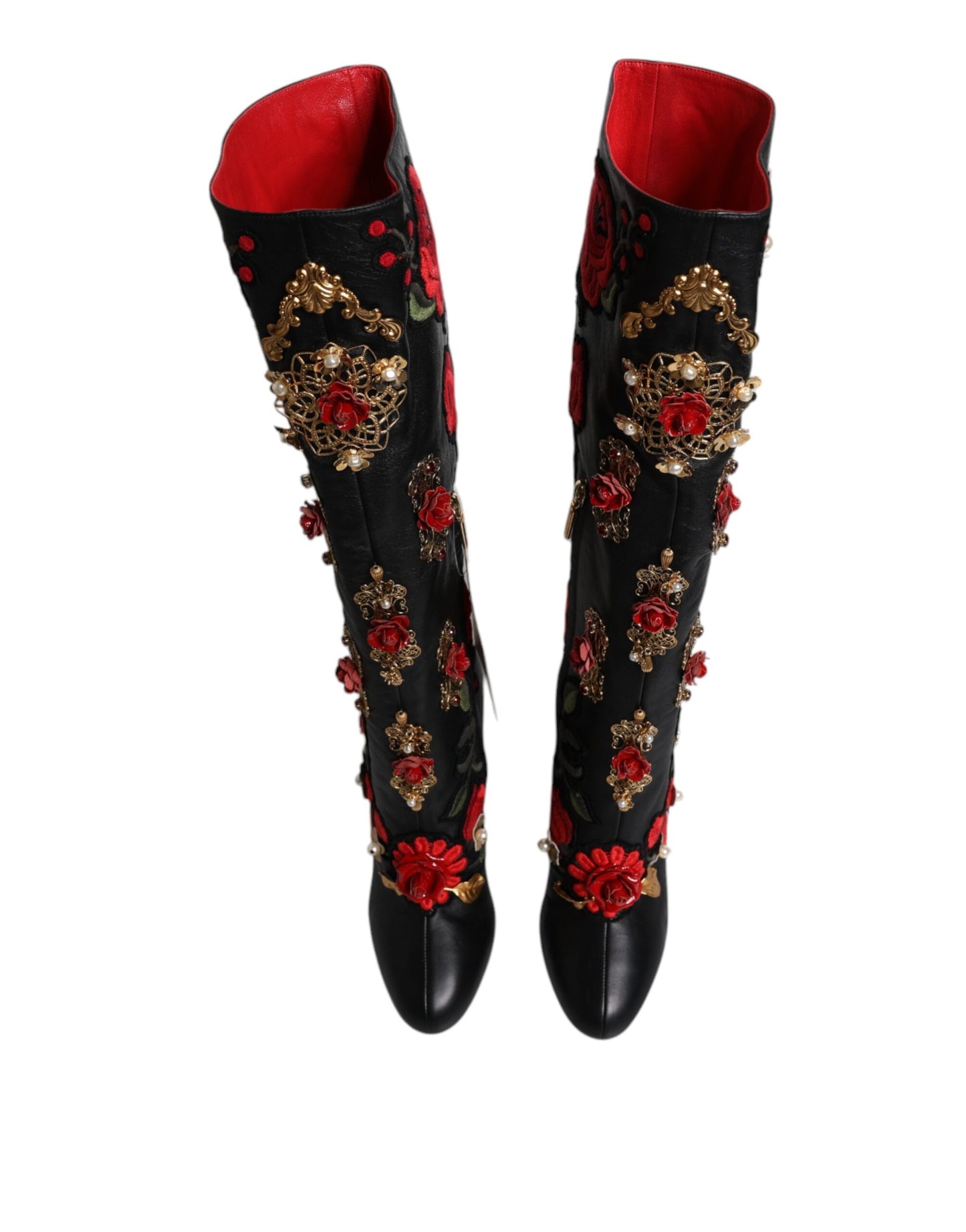 Dolce & Gabbana - Bottines à talons en cuir ornées de roses noires
