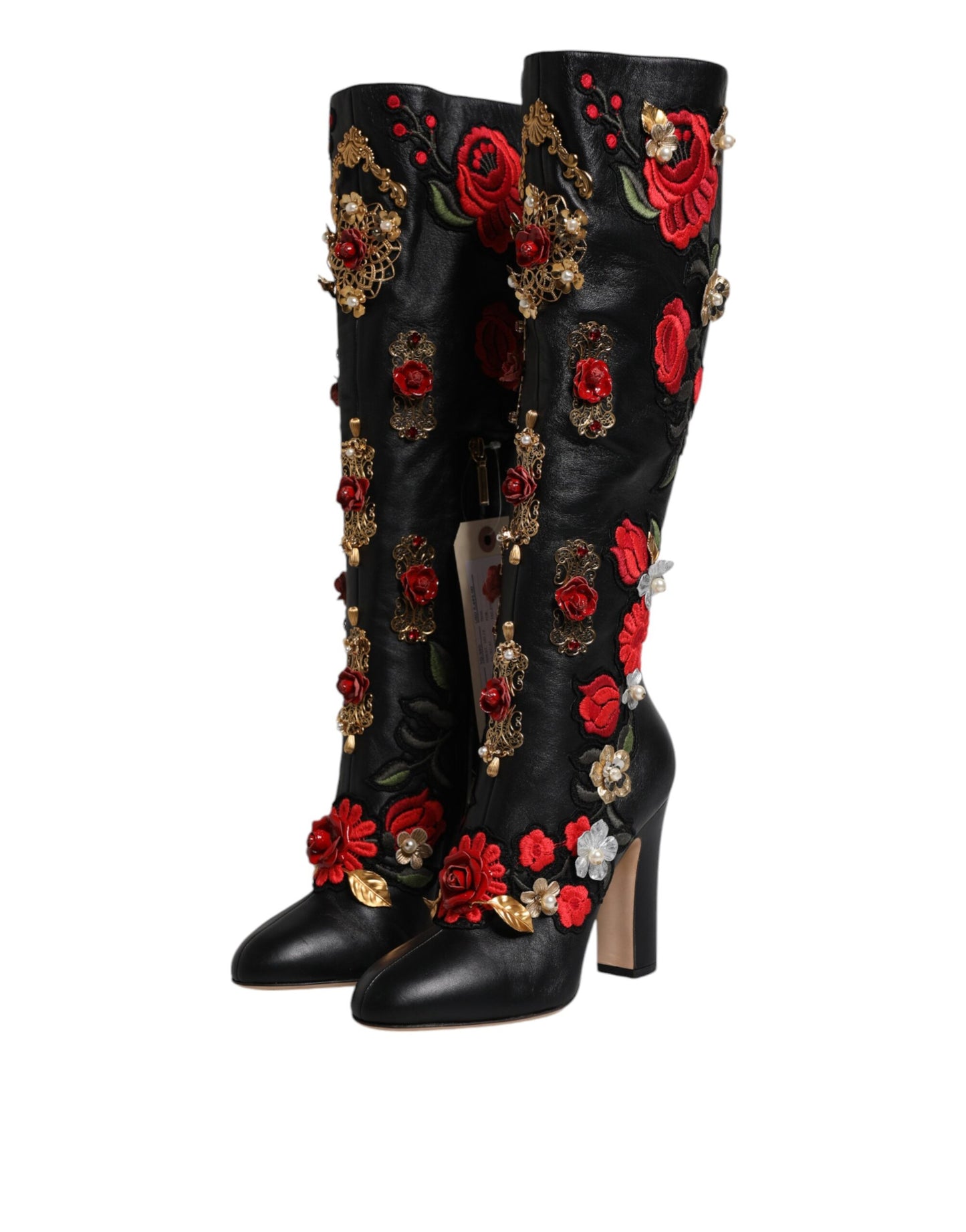 Dolce & Gabbana - Bottines à talons en cuir ornées de roses noires