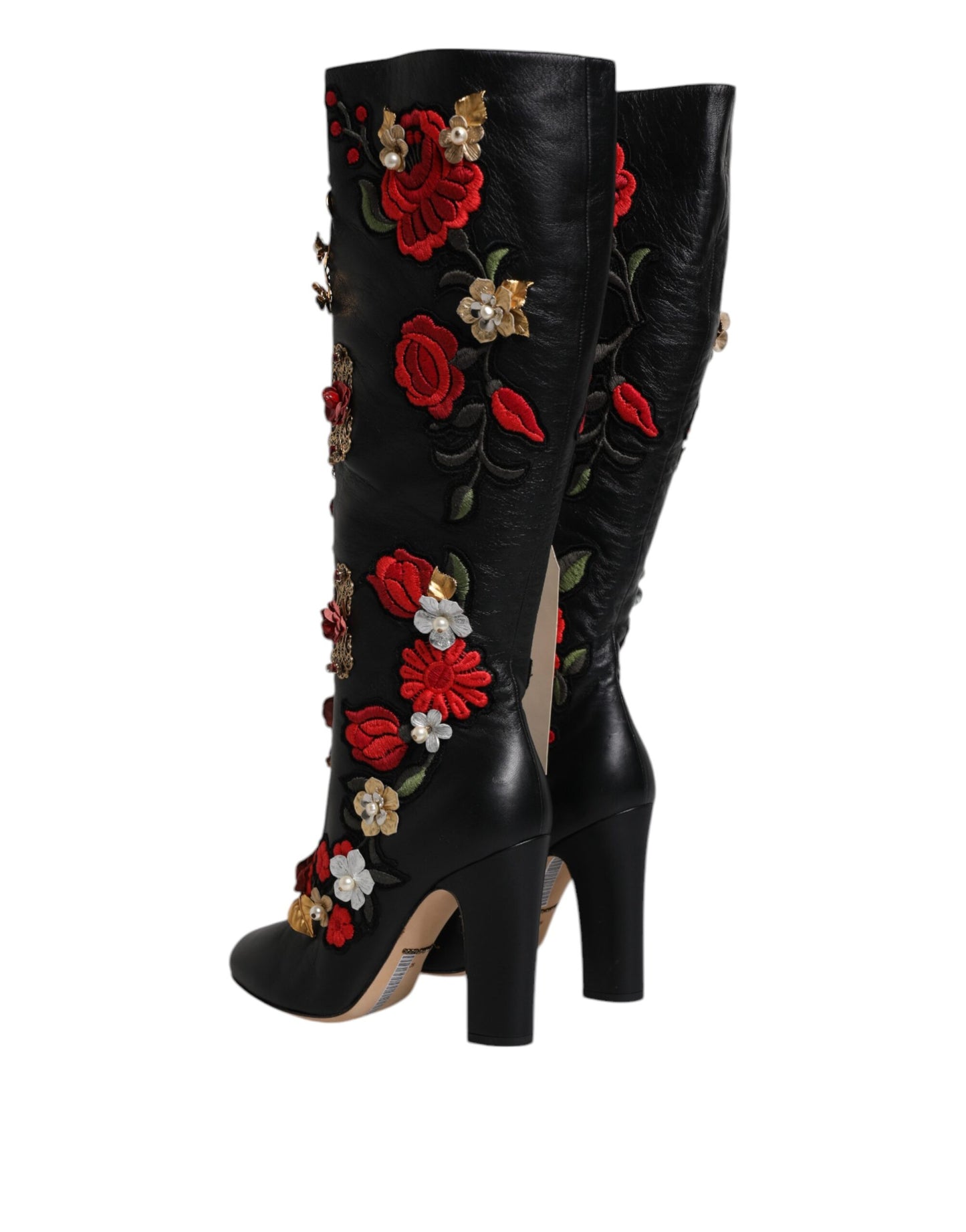 Dolce & Gabbana - Bottines à talons en cuir ornées de roses noires