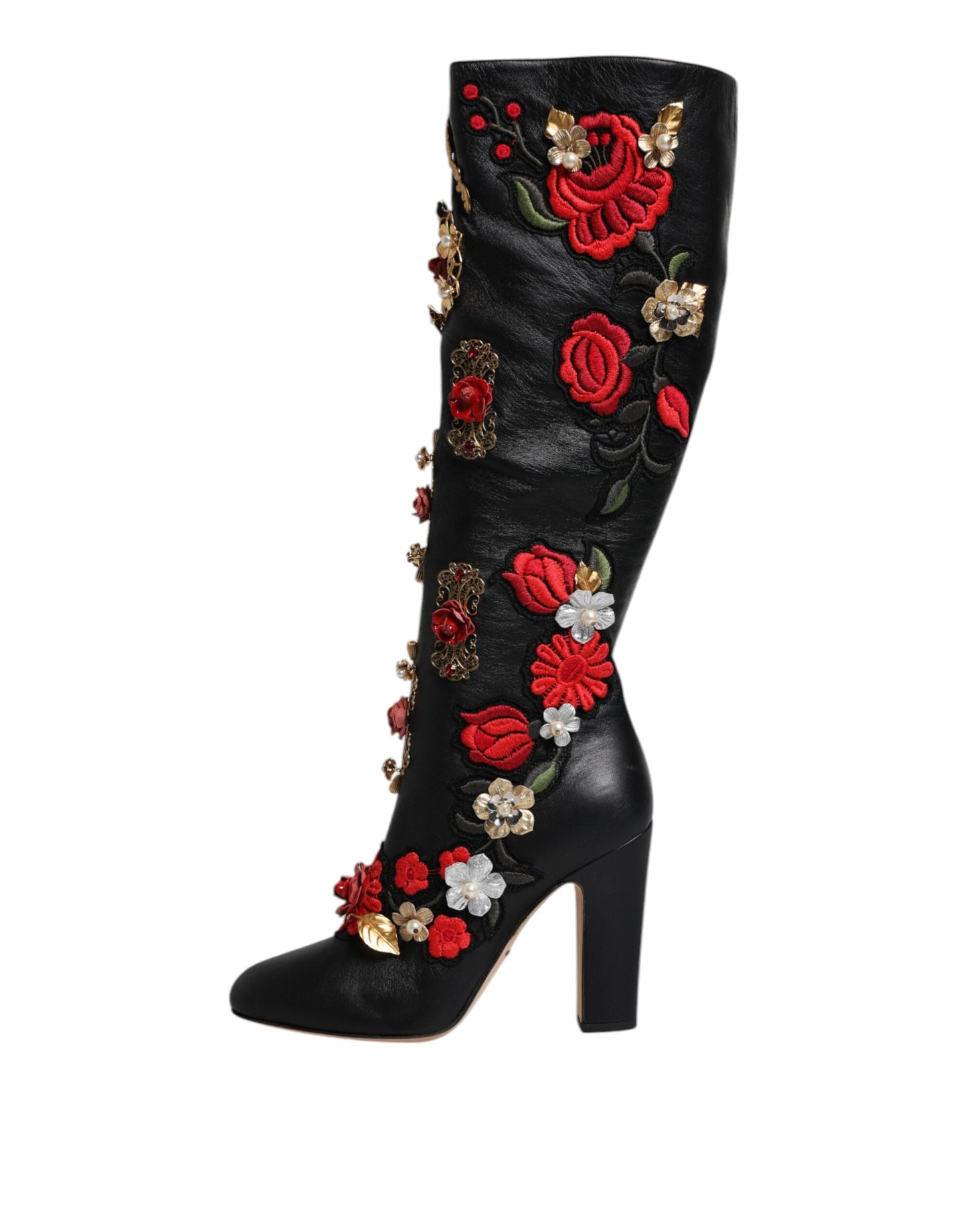 Dolce & Gabbana - Bottines à talons en cuir ornées de roses noires