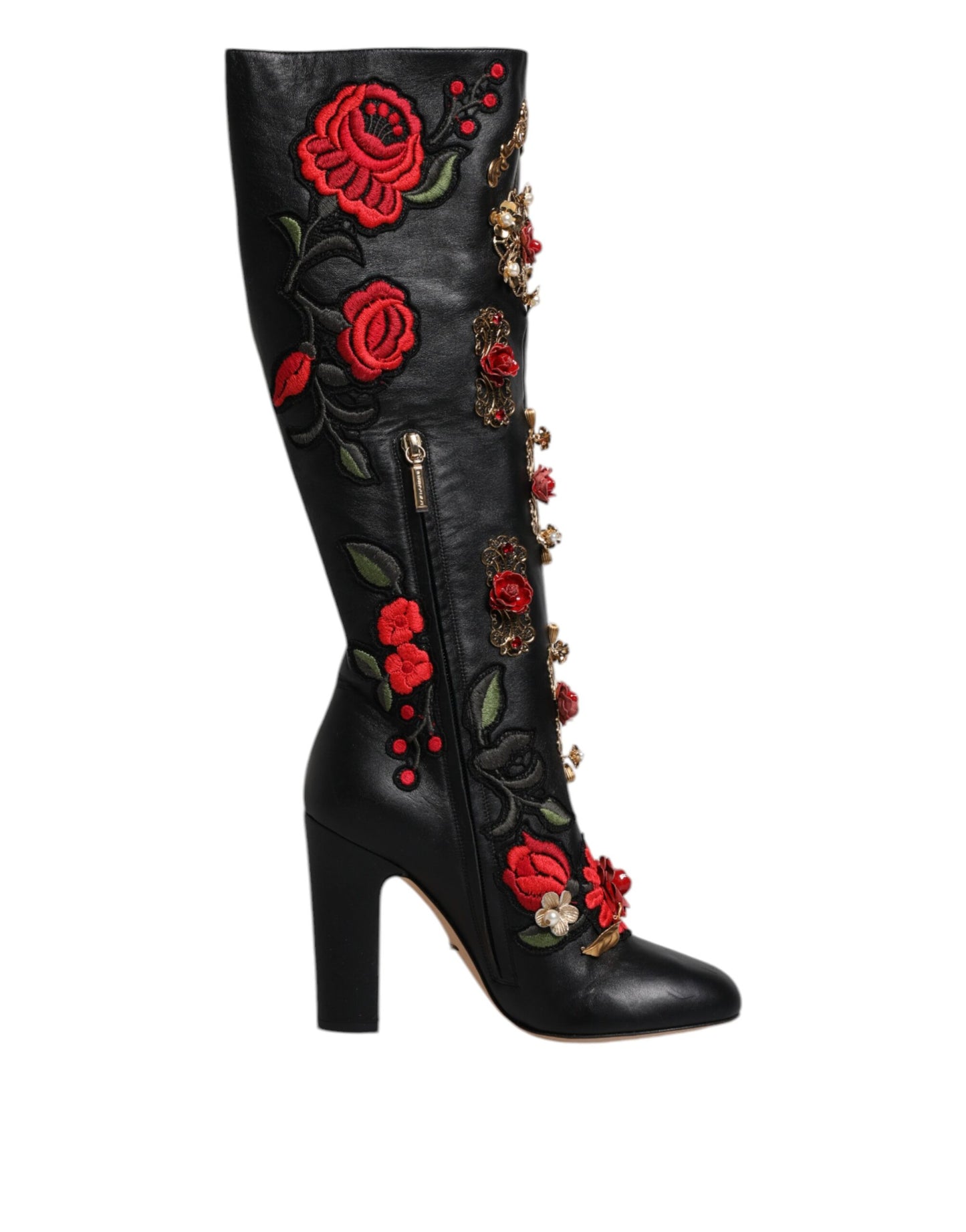 Dolce & Gabbana - Bottines à talons en cuir ornées de roses noires