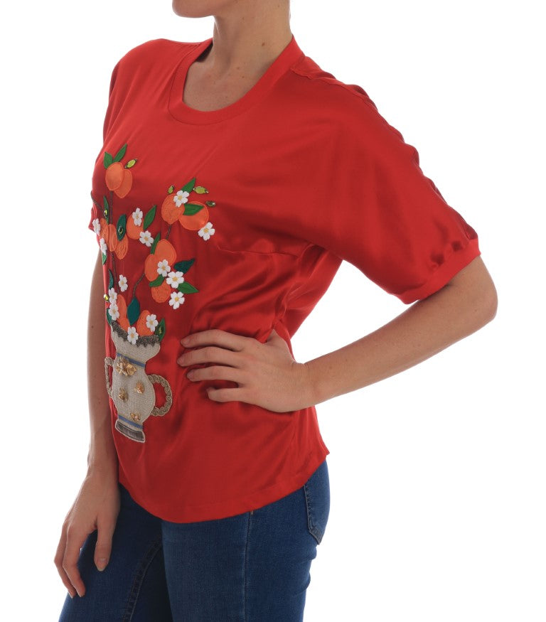 Dolce & Gabbana Rote Seidenbluse mit orangefarbenem Blumenmuster und Kristallen