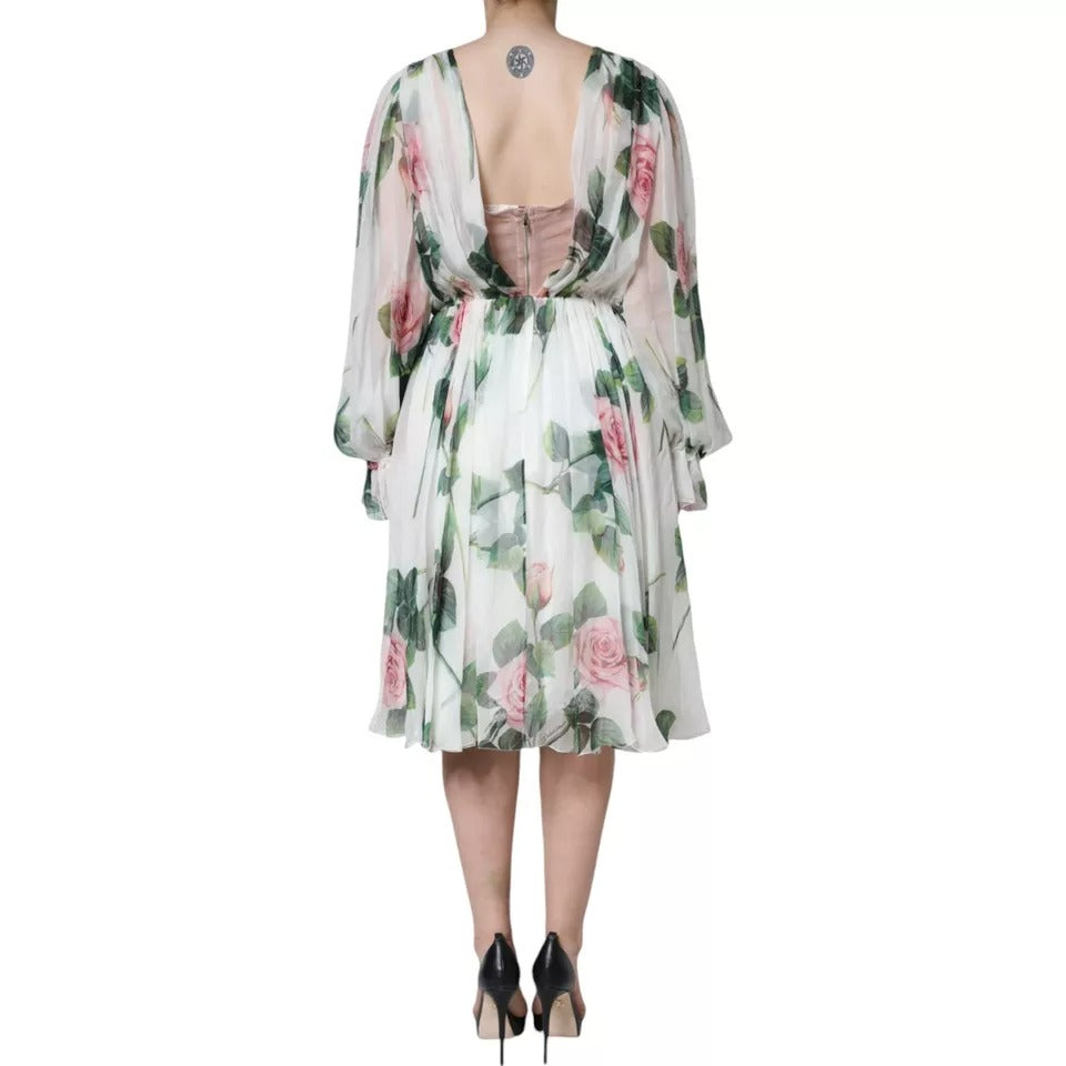 Dolce & Gabbana – Weißes Midikleid aus Seide mit Blumenmuster in A-Linie