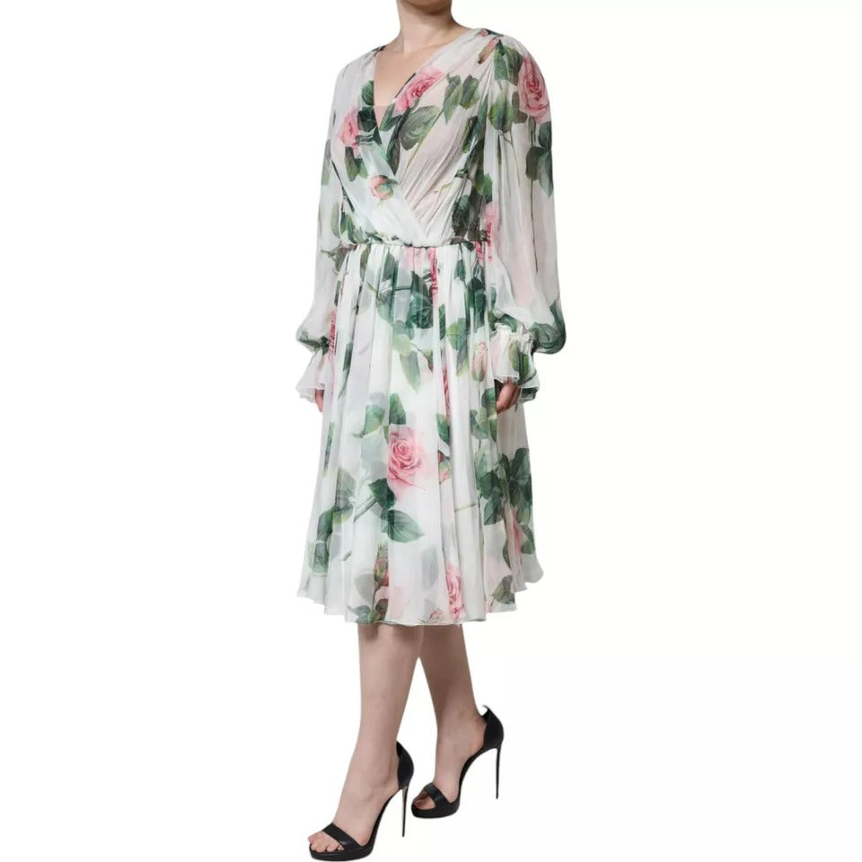 Dolce & Gabbana – Weißes Midikleid aus Seide mit Blumenmuster in A-Linie