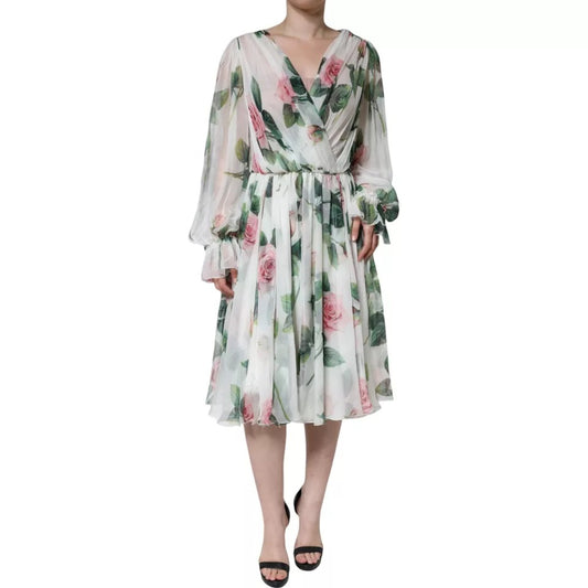 Dolce & Gabbana – Weißes Midikleid aus Seide mit Blumenmuster in A-Linie