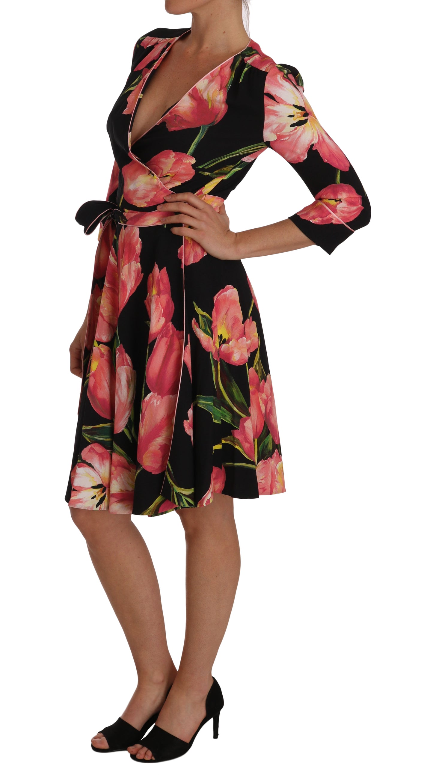 Robe droite extensible à imprimé tulipes noires et roses Dolce & Gabbana