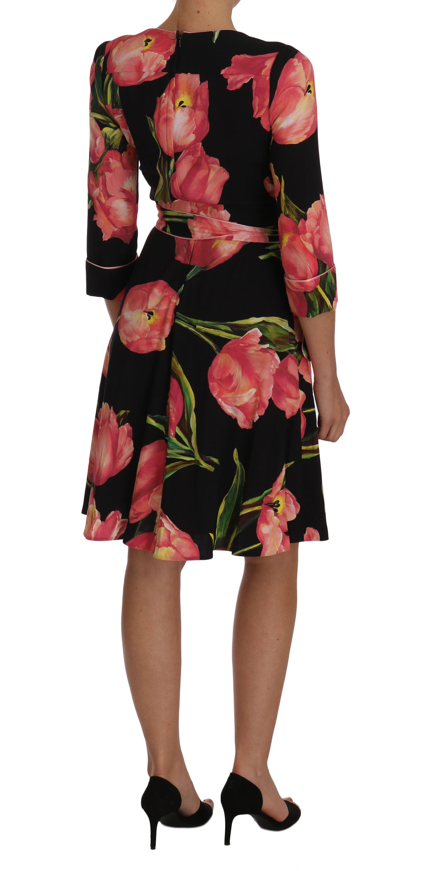 Robe droite extensible à imprimé tulipes noires et roses Dolce & Gabbana