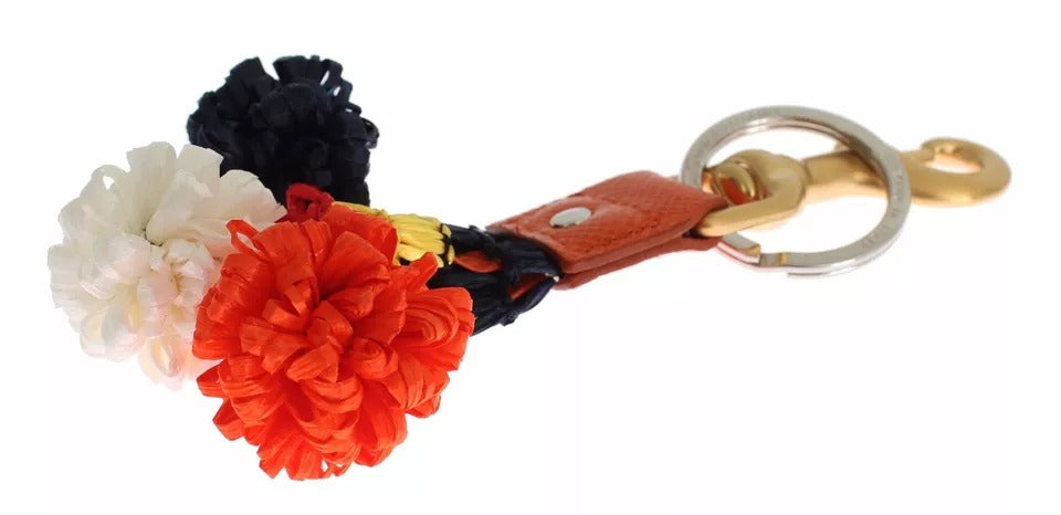 Porte-clés Dolce & Gabbana en cuir raphia marron doré avec fermoir à chaîne