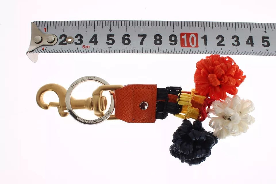 Porte-clés Dolce & Gabbana en cuir raphia marron doré avec fermoir à chaîne