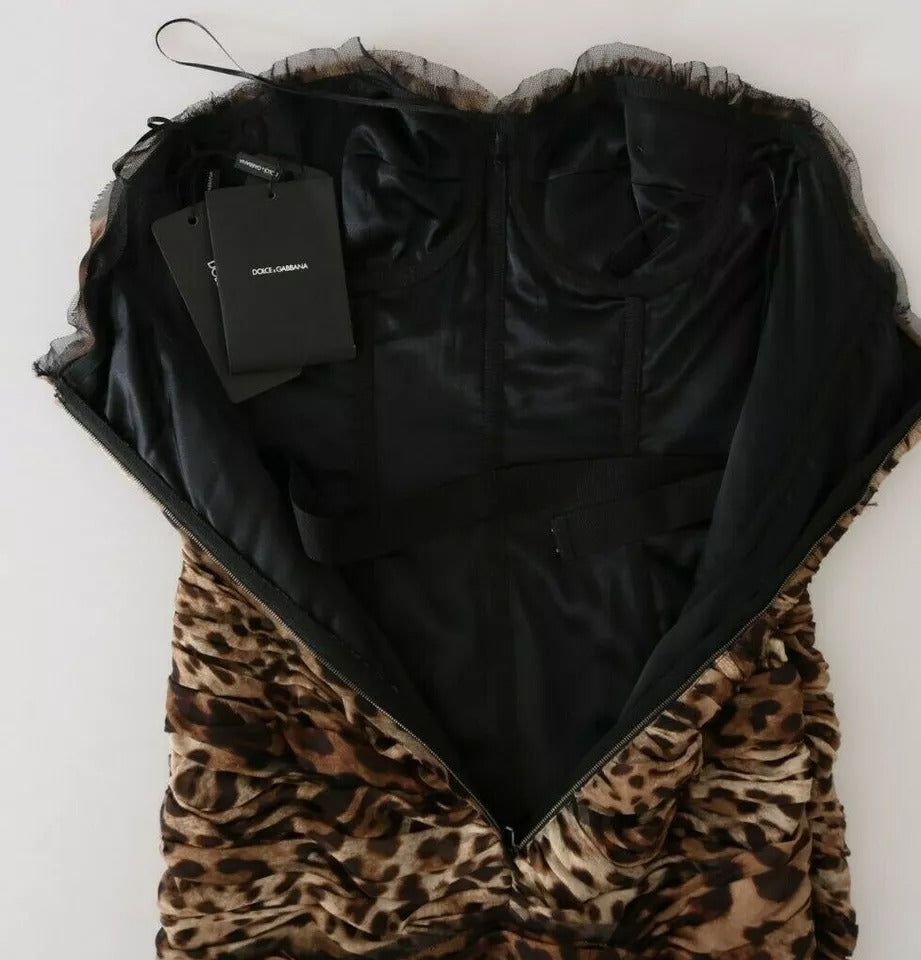 Robe longue sirène froncée en mousseline de soie à imprimé léopard marron Dolce & Gabbana