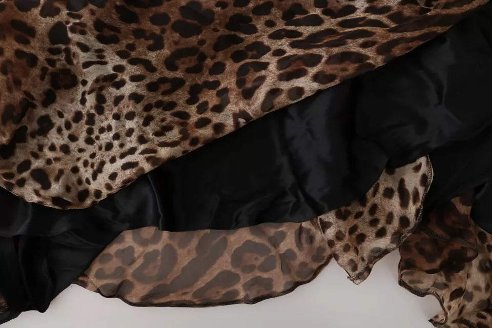 Robe longue sirène froncée en mousseline de soie à imprimé léopard marron Dolce & Gabbana