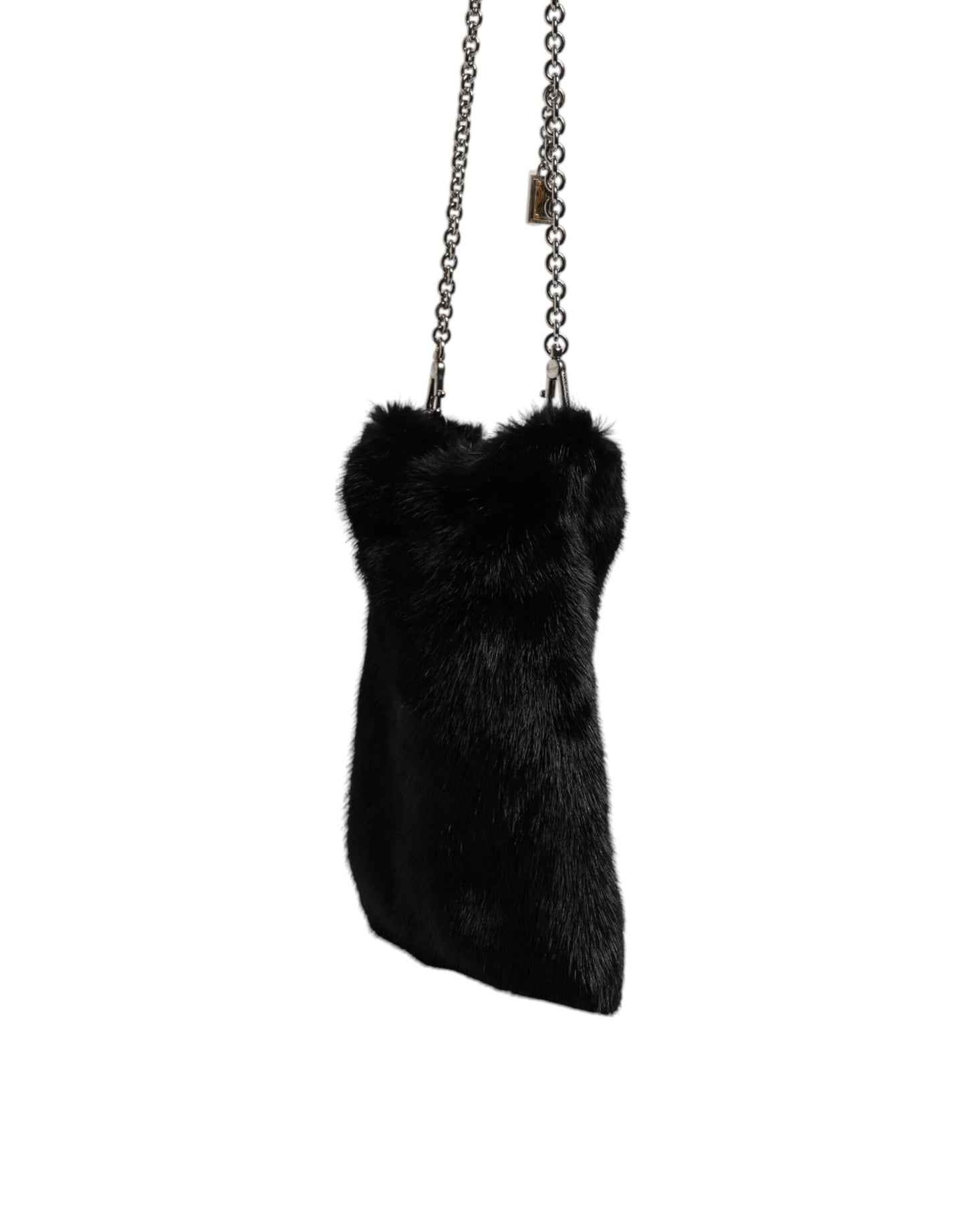 Dolce & Gabbana – Umhängetasche mit silberner Kette und Kunstfell in Schwarz