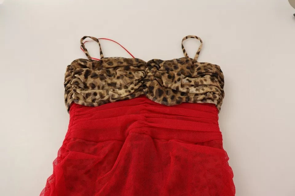 Robe fourreau mi-longue en tulle rouge léopard marron Dolce & Gabbana