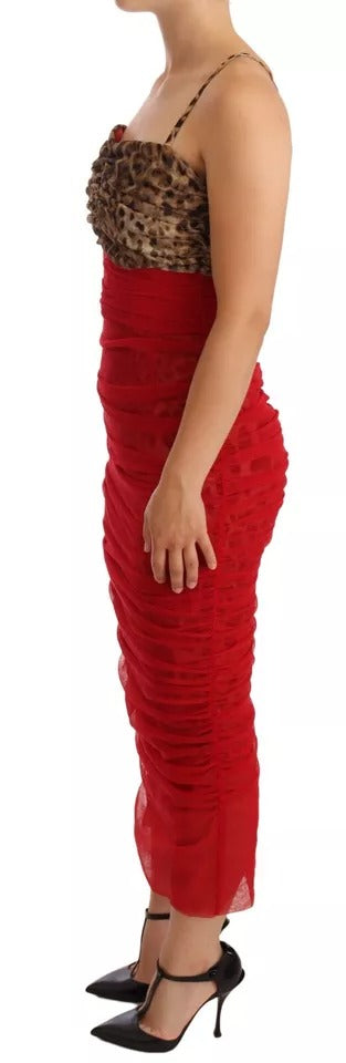 Robe fourreau mi-longue en tulle rouge léopard marron Dolce & Gabbana