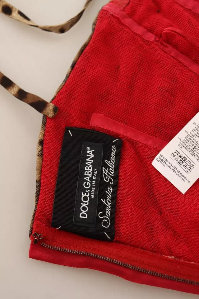 Robe fourreau mi-longue en tulle rouge léopard marron Dolce & Gabbana