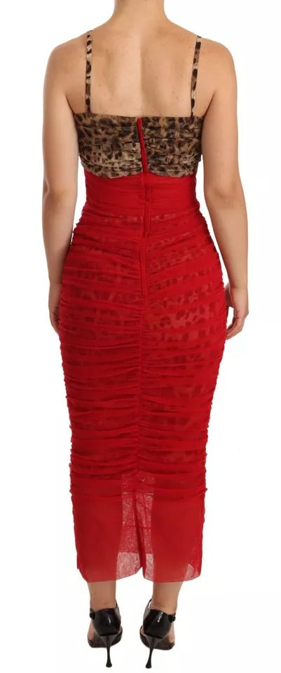 Robe fourreau mi-longue en tulle rouge léopard marron Dolce & Gabbana