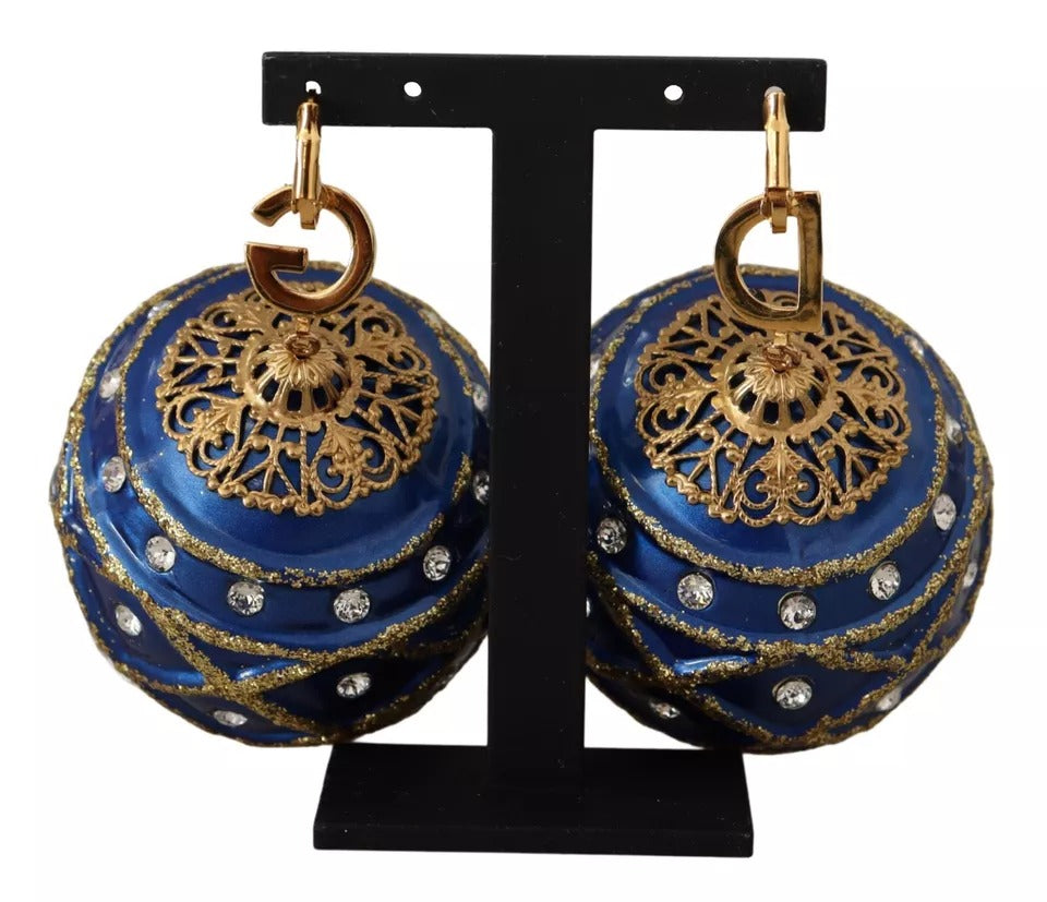 Boucles d'oreilles crochet Dolce & Gabbana en laiton doré et cristal bleu boule de Noël