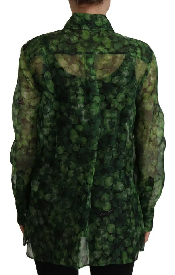 Dolce & Gabbana – Bluse mit langen Ärmeln und Kragen im grünen Kleeblatt-Print