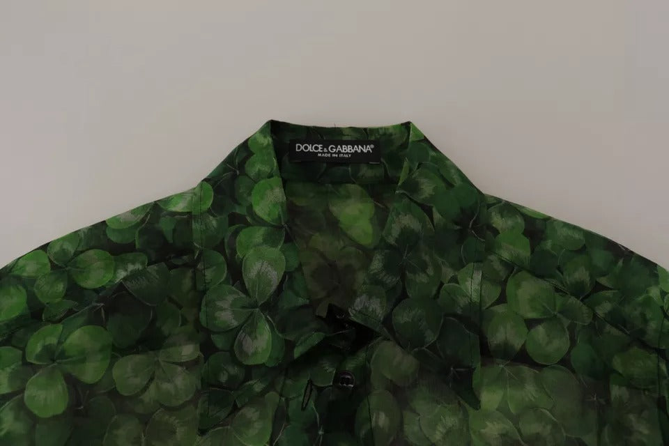 Dolce & Gabbana – Bluse mit langen Ärmeln und Kragen im grünen Kleeblatt-Print