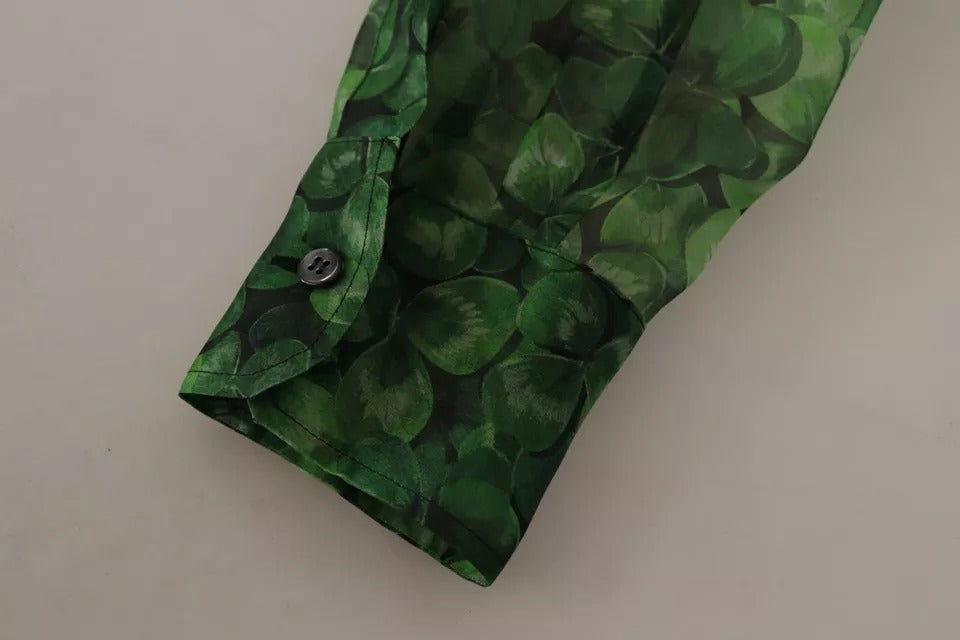 Dolce & Gabbana – Bluse mit langen Ärmeln und Kragen im grünen Kleeblatt-Print