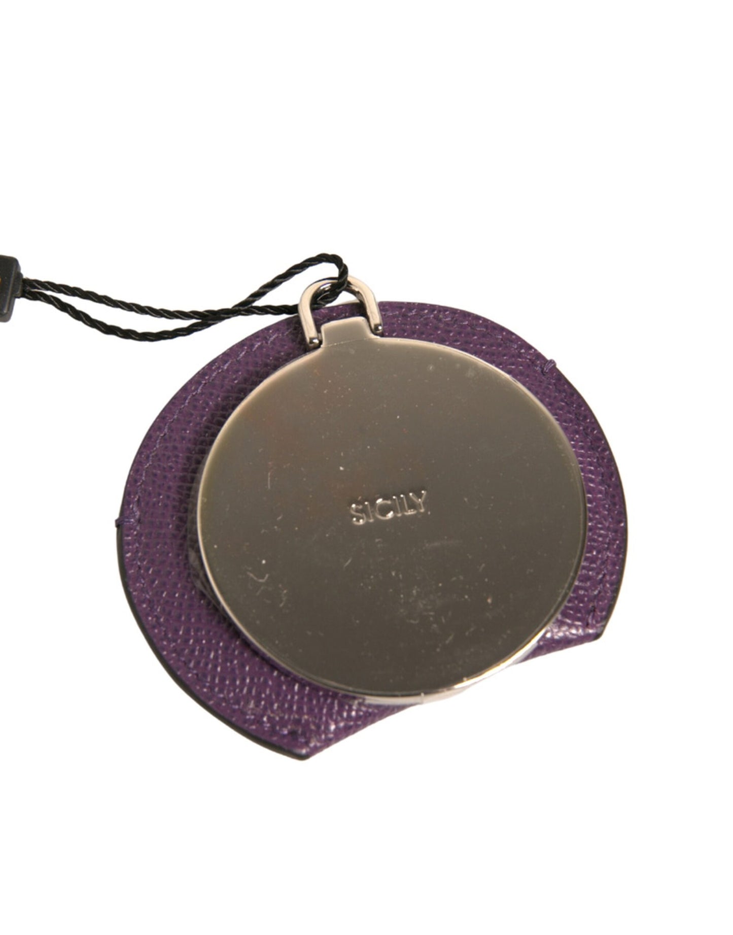 Porte-miroir à main rond en cuir de veau violet Dolce & Gabbana avec logo