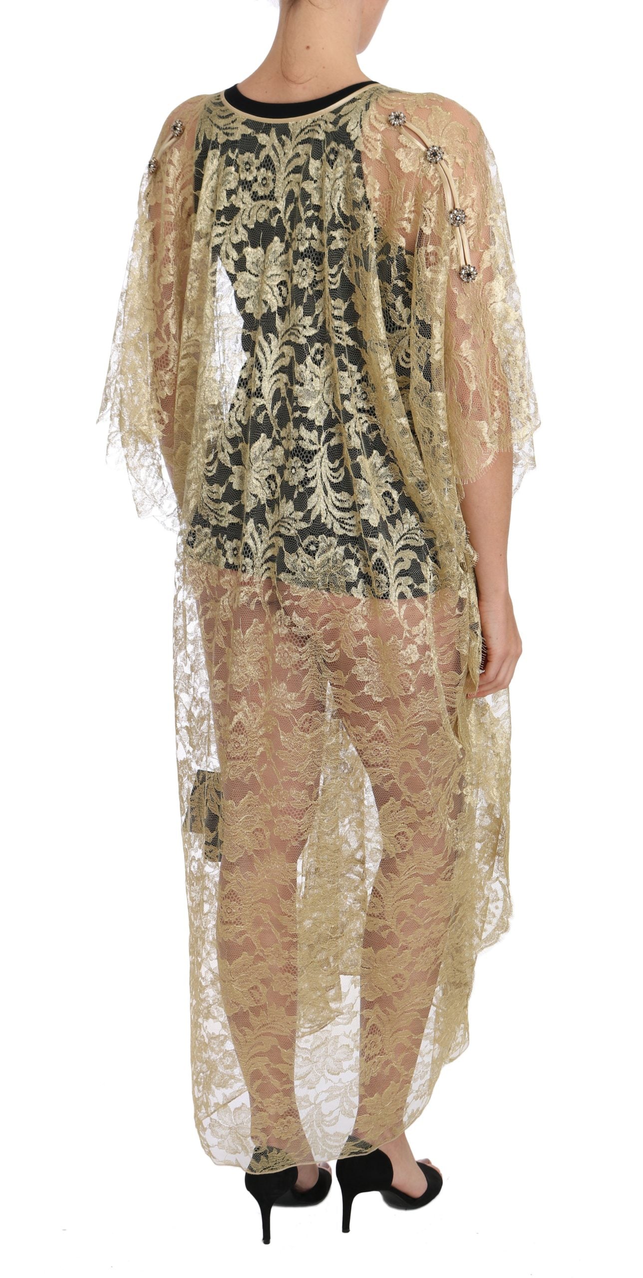 Robe cape en dentelle florale dorée et cristaux Dolce & Gabbana