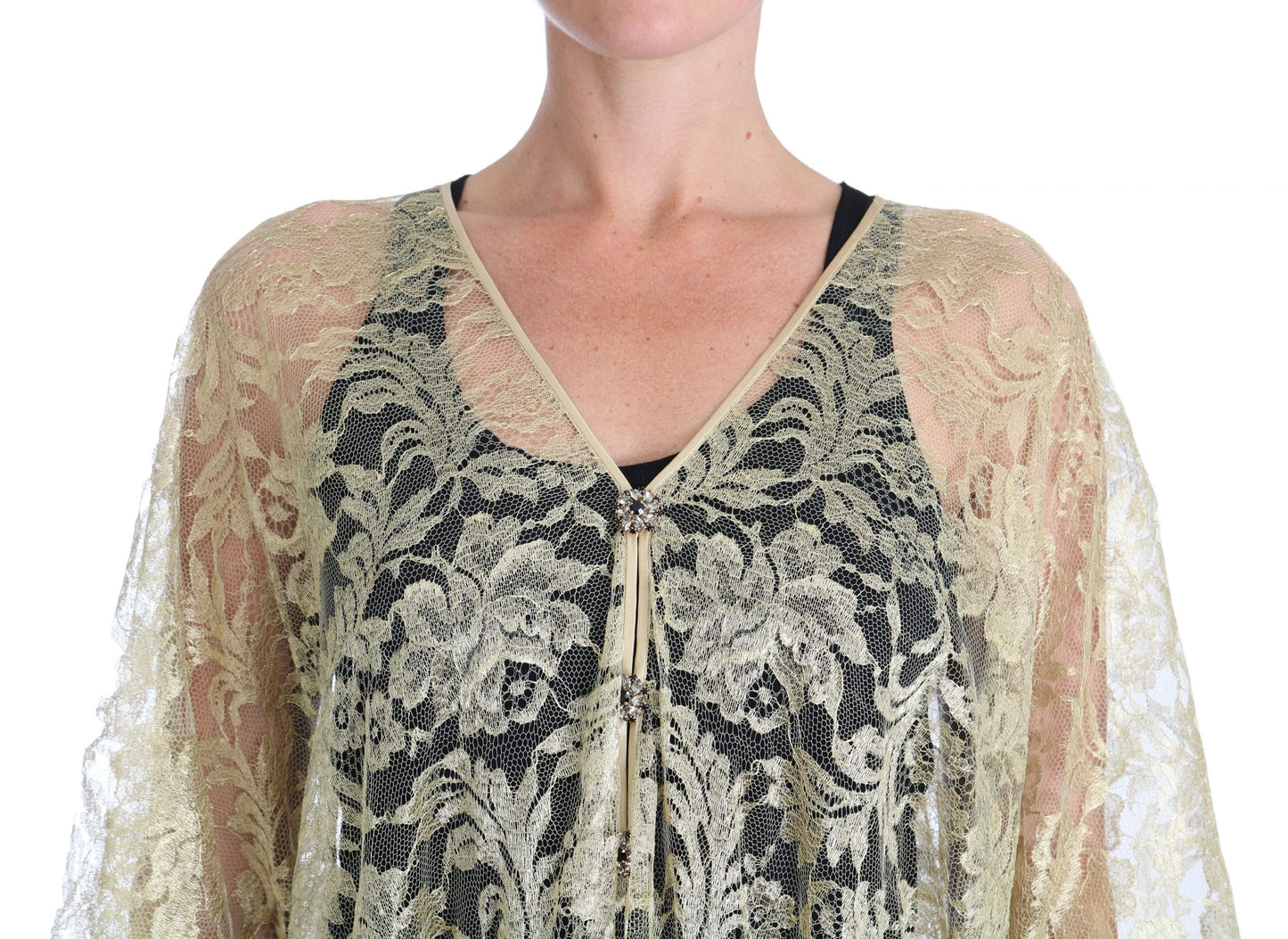 Robe cape en dentelle florale dorée et cristaux Dolce & Gabbana