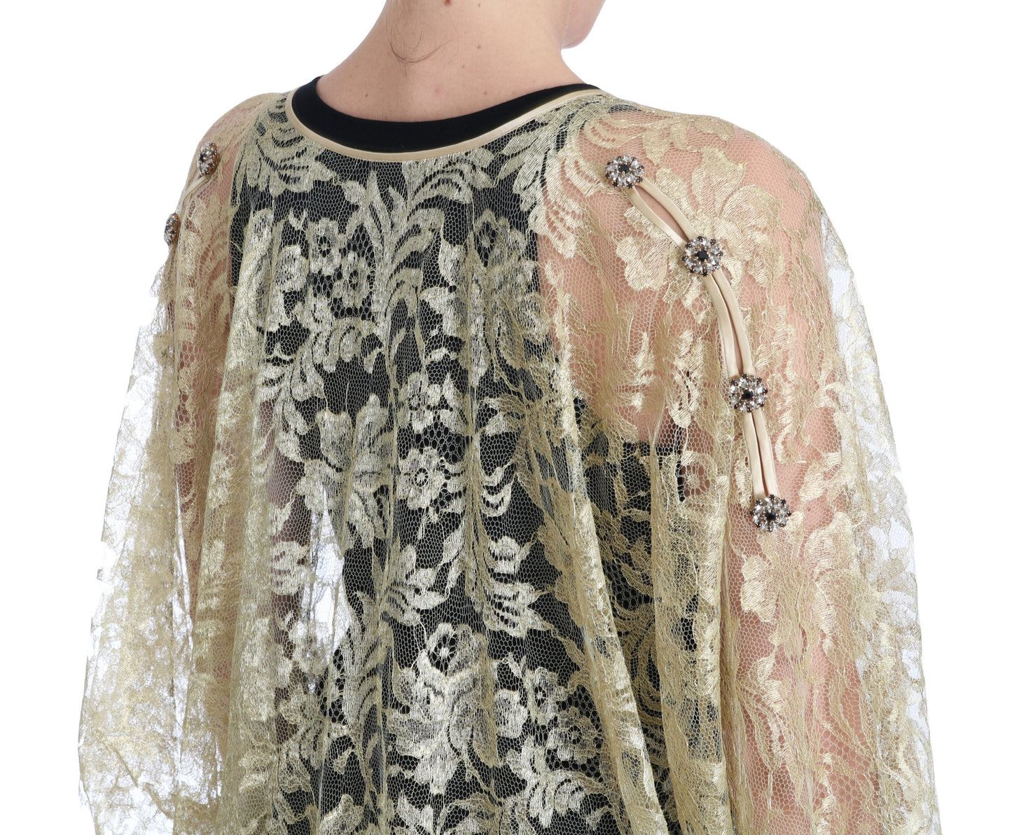 Robe cape en dentelle florale dorée et cristaux Dolce & Gabbana