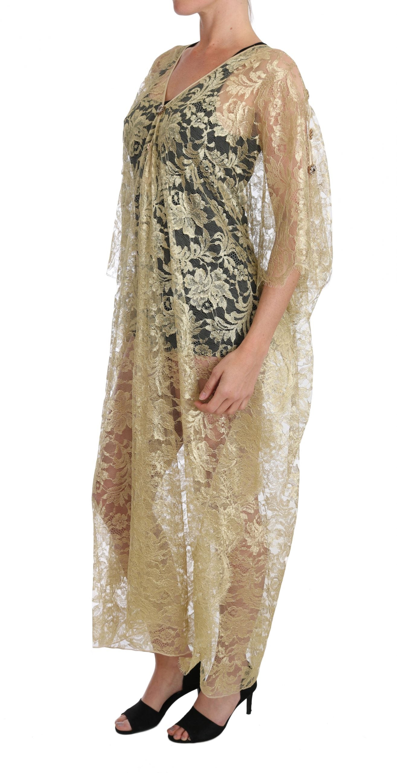 Robe cape en dentelle florale dorée et cristaux Dolce & Gabbana