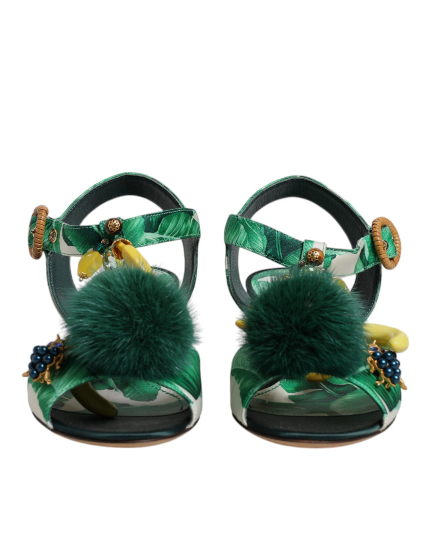 Sandales Dolce & Gabbana ornées de fourrure et de cristaux verts