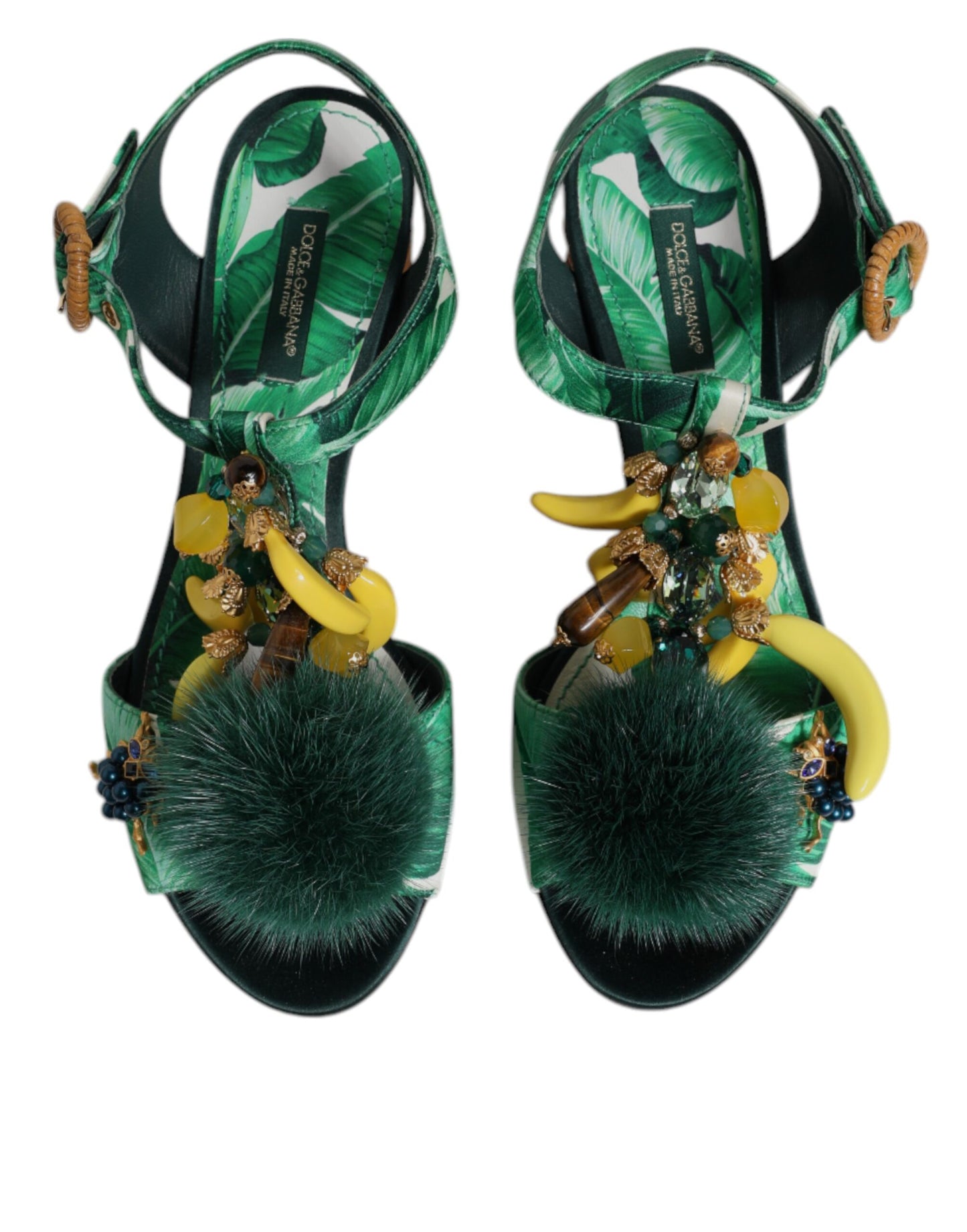 Sandales Dolce & Gabbana ornées de fourrure et de cristaux verts